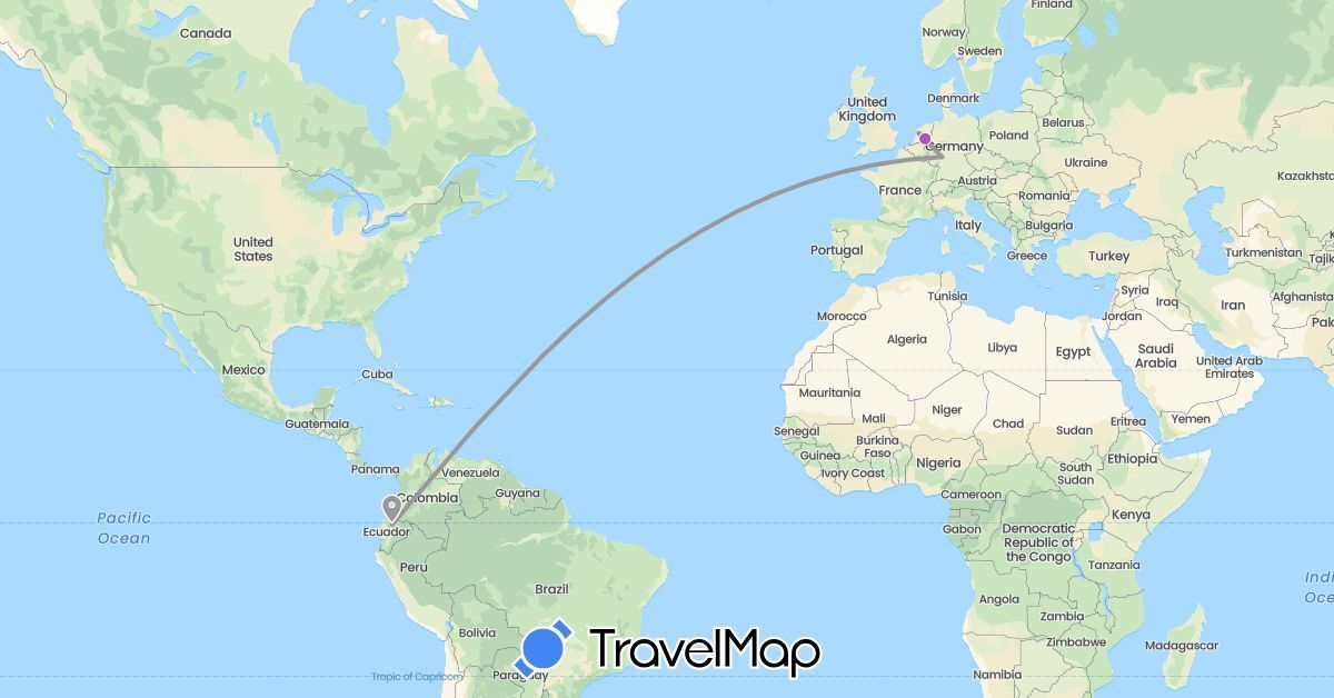 TravelMap itinerary: driving, plane, train in Germany, Ecuador, Netherlands (Europe, South America)